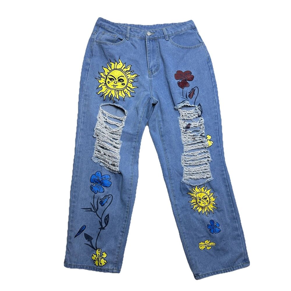 SHEIN 0XL Distressed Patch Jeans Sun Flower Graphic Denim Pants Boho Y2K‎ Style